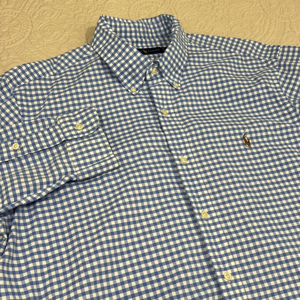Ralph‎ Lauren Mens XL Blue Gingham Check Button Down Shirt Flesh Pony Logo